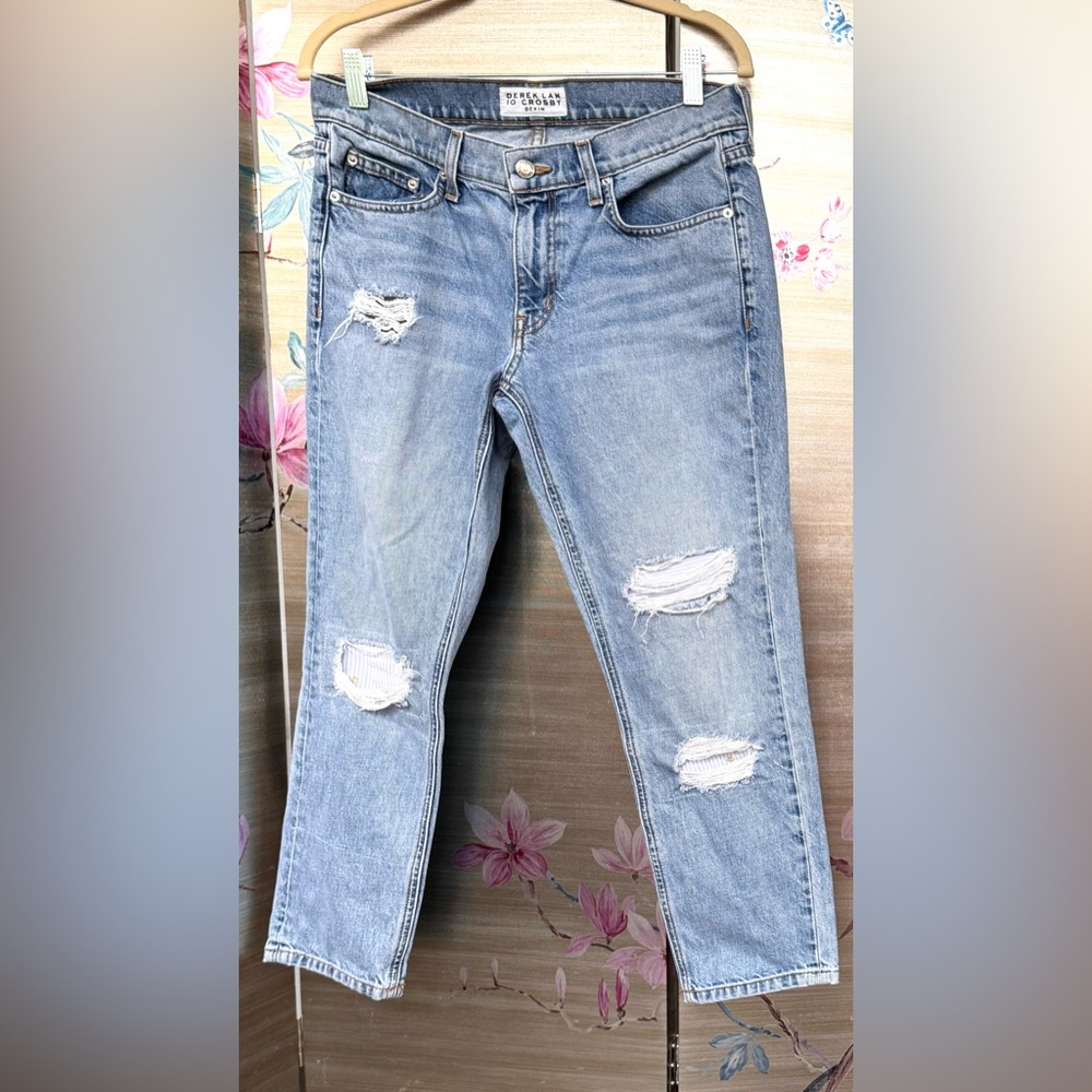 DEREK LAM 10 CROSSBODY DISTRESSED MID-RISE STRAIGHT BOYFRIEND DENIM JEANS SZ 28